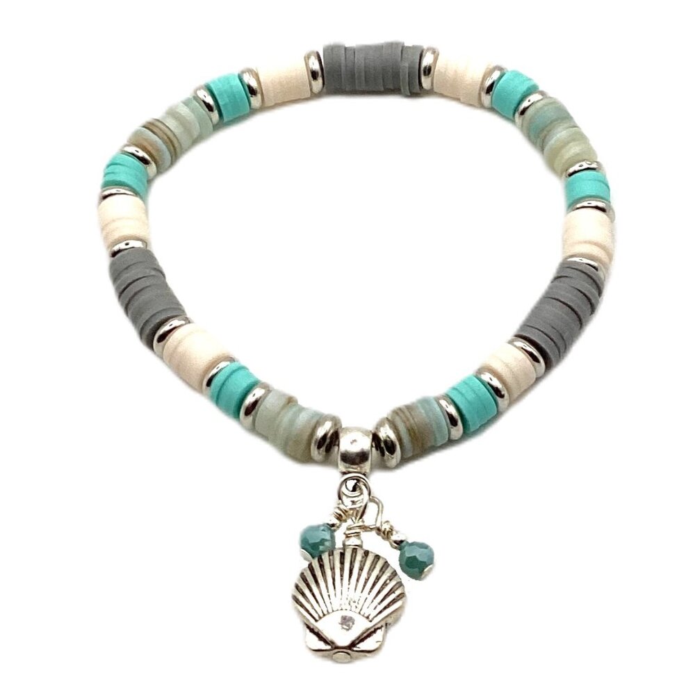 Polymer Clay Heishi and Natural Shell Stretch Bracelet - Coastal Vibes- Handmade